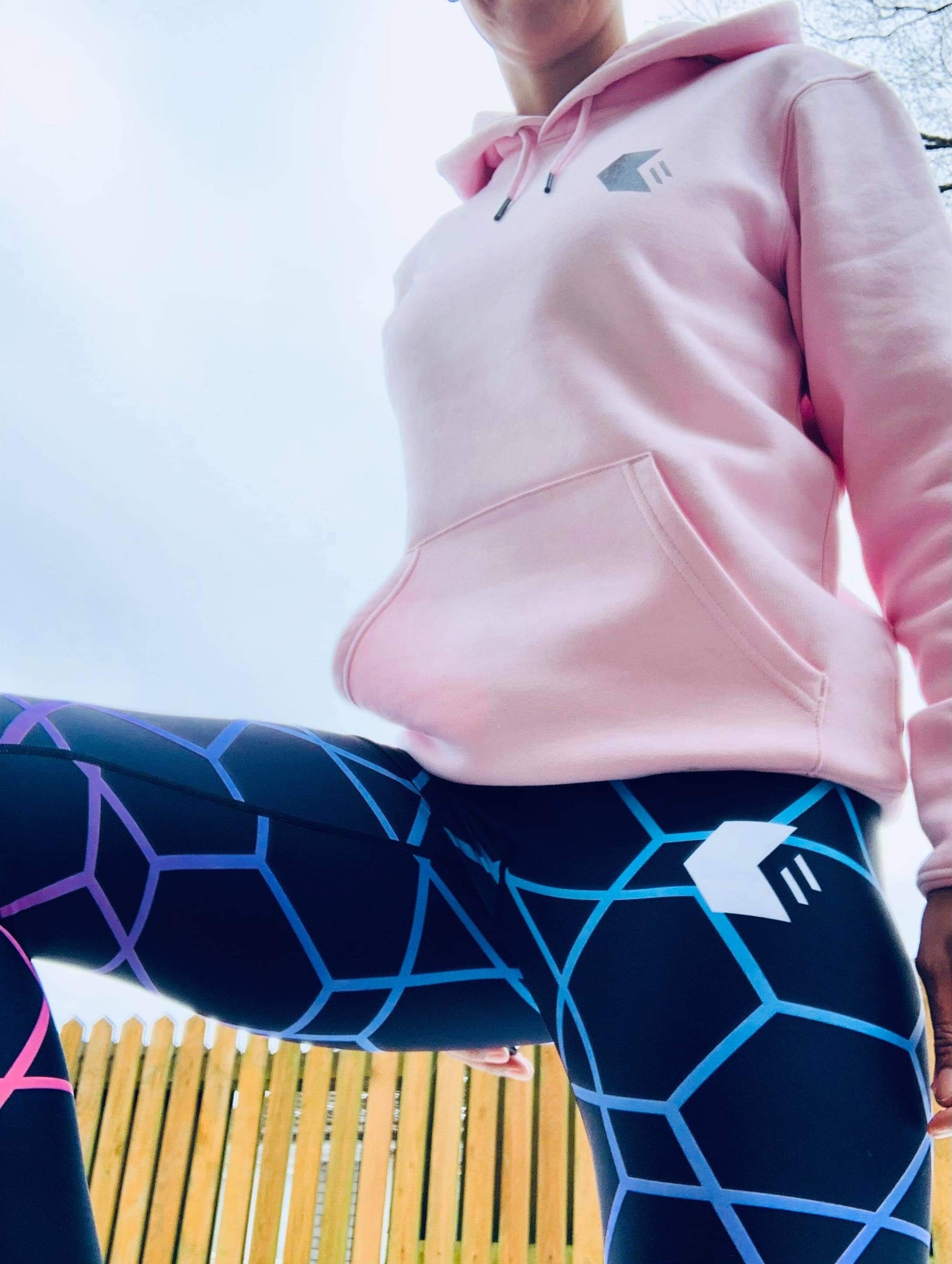 Outdoors with Strengthwork Leggings on and pink Element Karbon hoodie