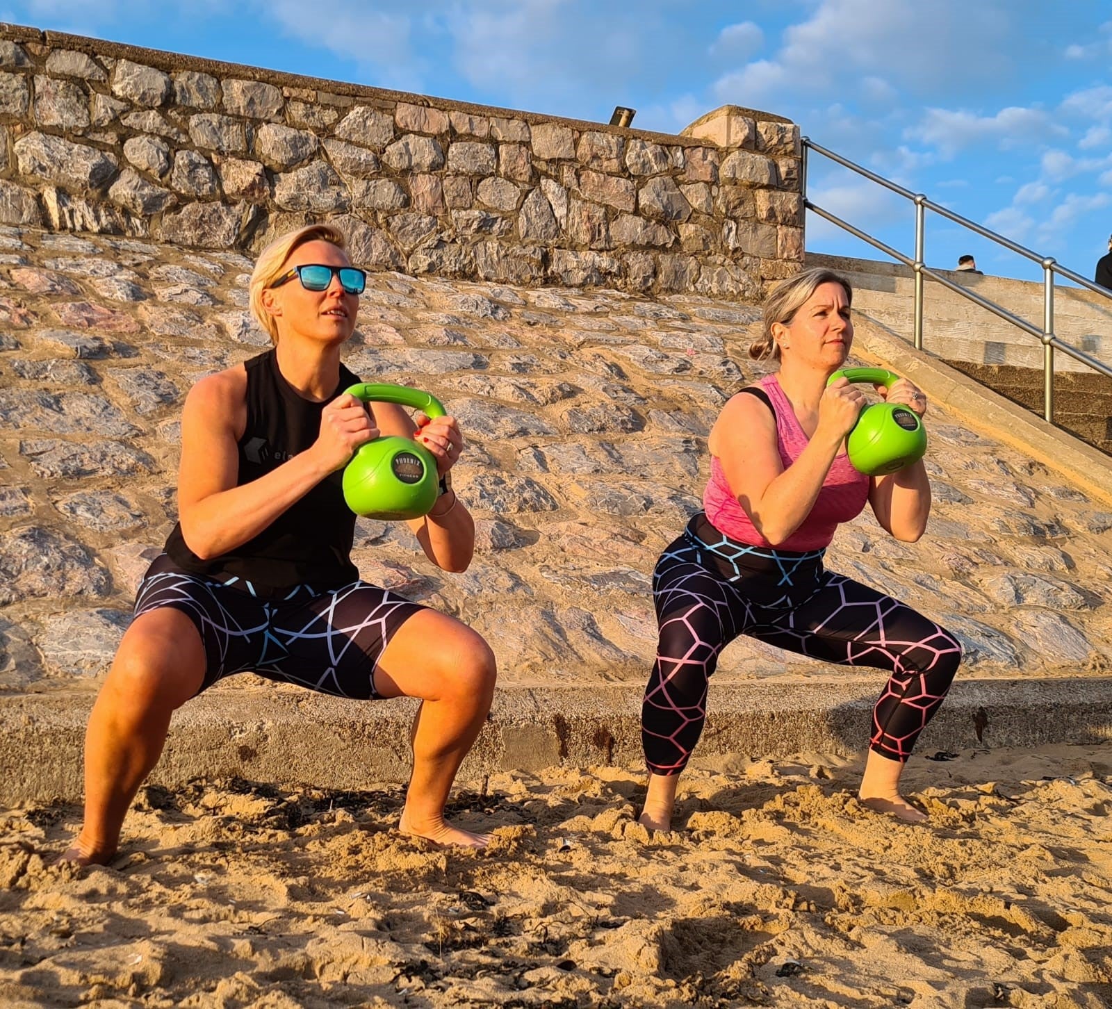 Kettlebell sessions on the beach in Strengthwork Shorts and Leggings
