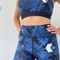 Front View of Midnight Blue Leaf Shorts and Sports Bra