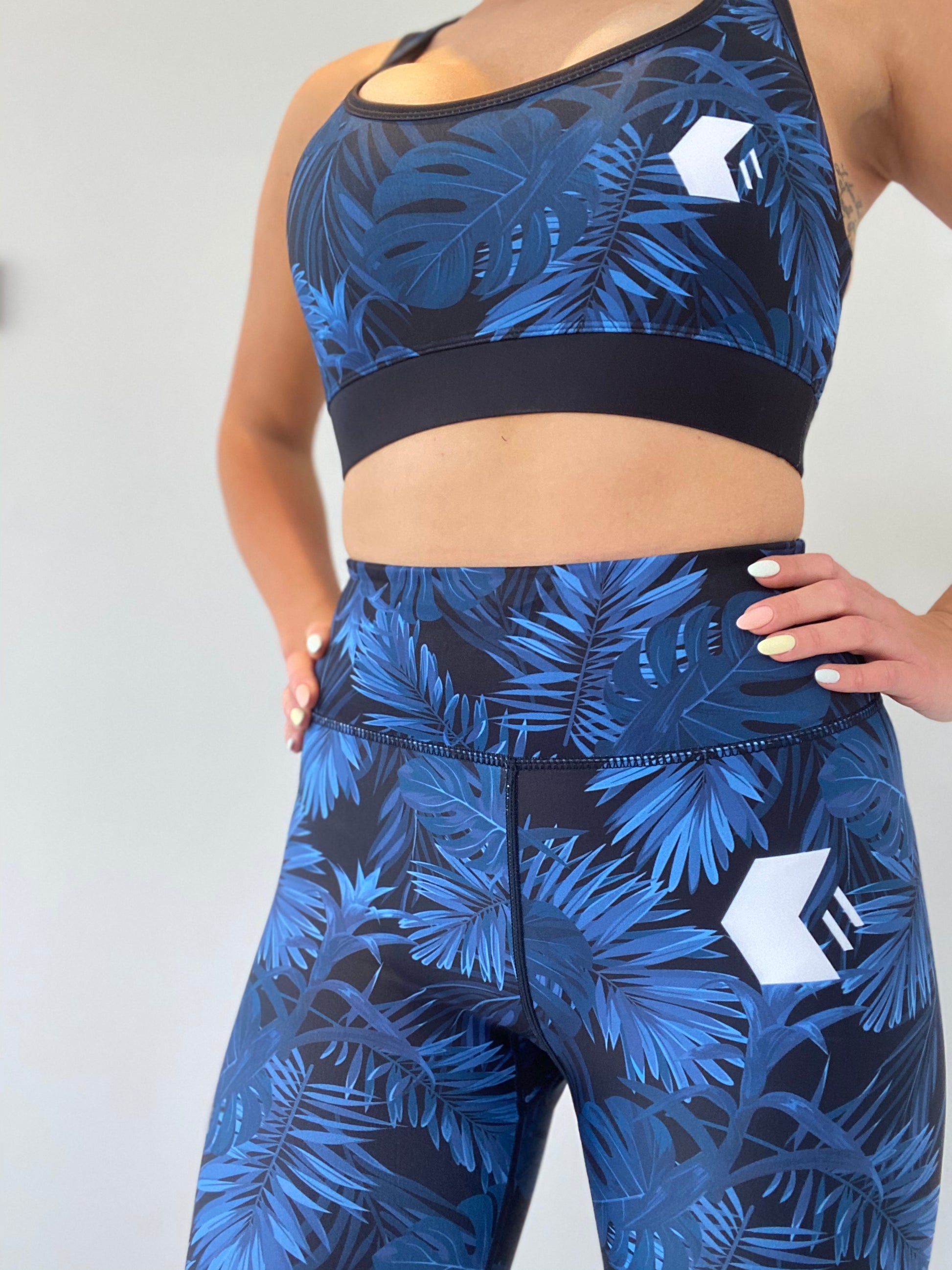 Front View of Midnight Blue Leaf Shorts and Sports Bra